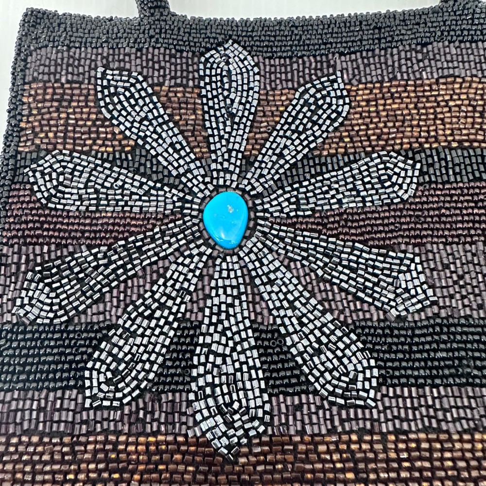Black Beaded Flower Handbag Evening Bag Turquoise Accent‎ - Picture 9 of 10